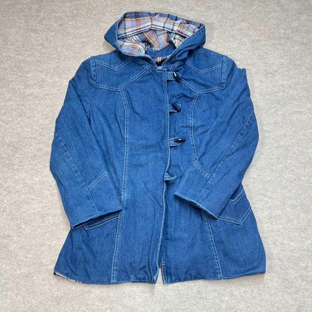 Vintage Le Soleil Juniors Denim Hooded Toggle Coat Plaid Lined Blue Jacket 11/12